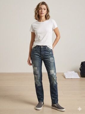 Ralph Lauren Women's Dark Blue Straight-Leg Jeans with Patchwork
